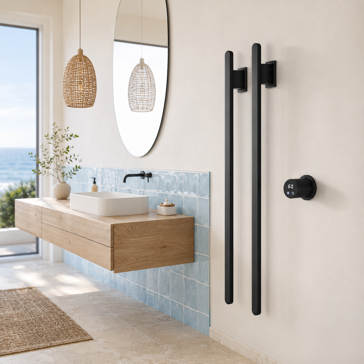 Sèche-serviettes électrique 2 barres finition Noir - salle de bain bord de mer carrelage bleu