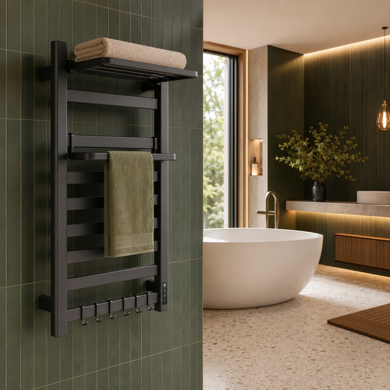 Sèche-serviettes électrique échelle mural noir - salle de bain carrelage vert