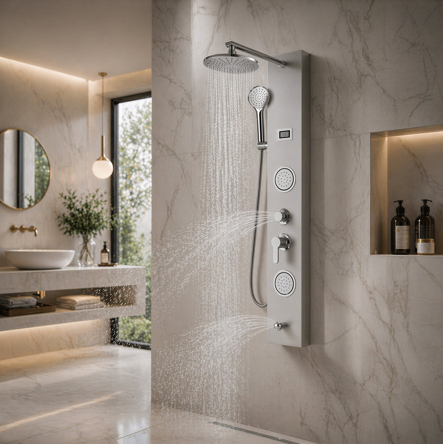 Colonne de douche en situation - panneau mural inox en action dans une salle de bain