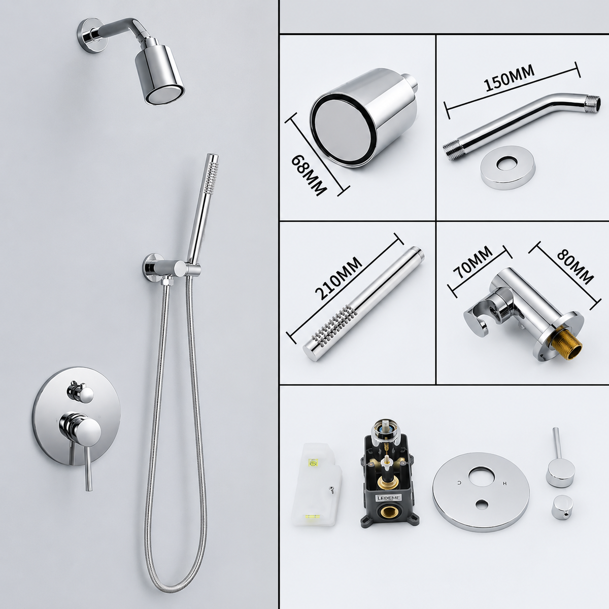Colonne de Douche Pluie Mitigeur Mural Laiton – finition argent