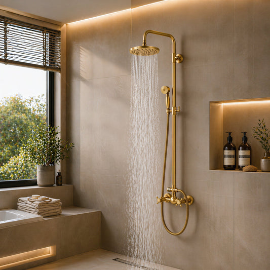Colonne douche thermostatique dorée - vue latérale
