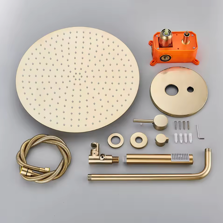 Colonne de douche encastrée or brossé pommeau rond – contenu du kit