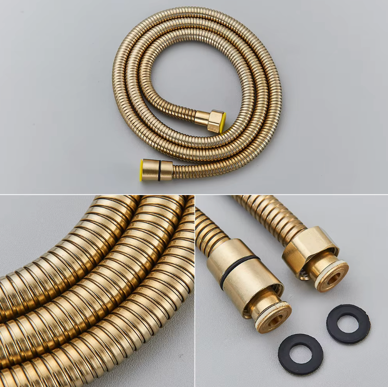 Colonne de douche encastrée or brossé pommeau rond – flexible de douchette