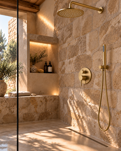 Colonne de douche encastrée or brossé pommeau rond – vue 1
