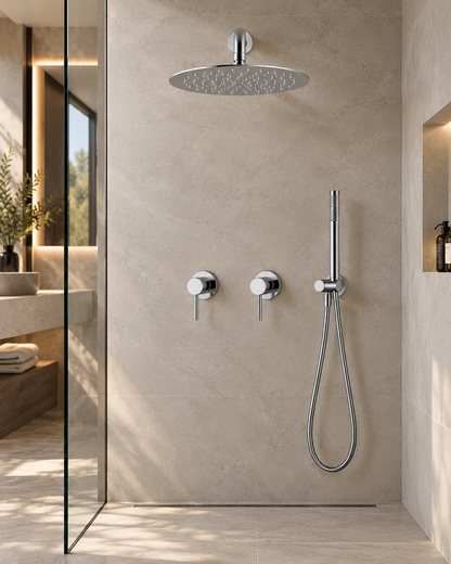 Colonne de douche à encastrer 2 mitigeurs – finition chrome poli – vue 1