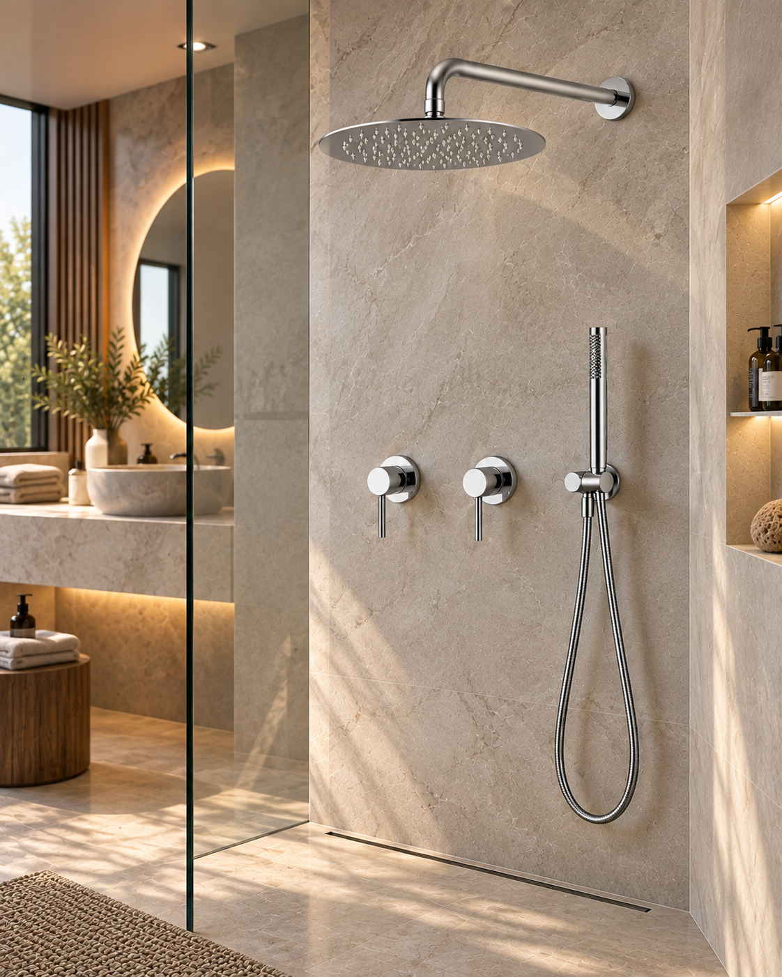 Colonne de douche à encastrer 2 mitigeurs – finition chrome poli – vue 2