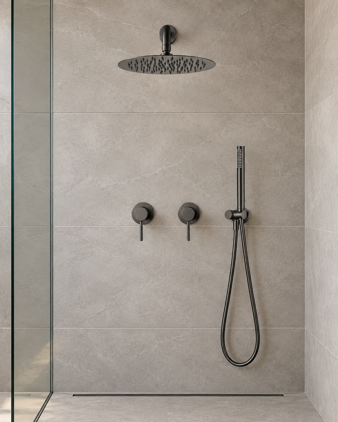 Colonne de douche à encastrer 2 mitigeurs – finition gunmetal – vue 1