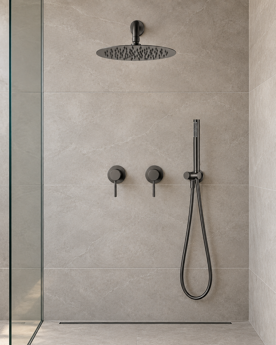 Colonne de douche à encastrer 2 mitigeurs – finition gunmetal – vue 1