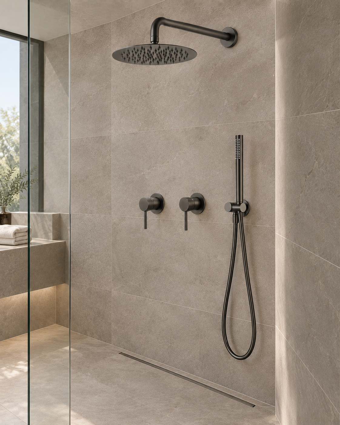 Colonne de douche à encastrer 2 mitigeurs – finition gunmetal – vue 2