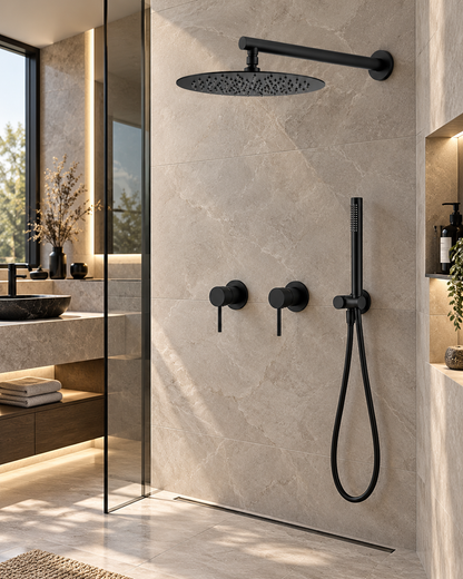 Colonne de douche à encastrer 2 mitigeurs – finition noir mat – vue 1