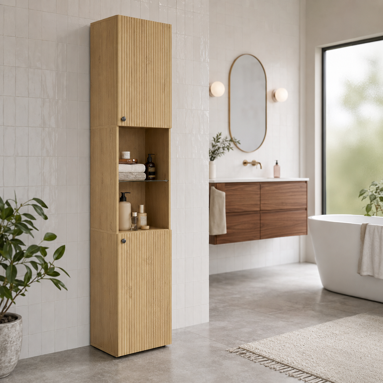 Colonne de Salle de Bain Chêne 182cm - Rangement 6 Niveaux
