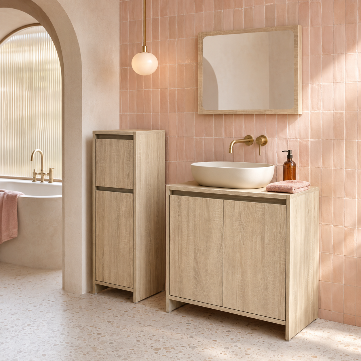 Meuble Salle de Bain 3 Pièces Chêne Sonoma - Armoire 95cm et Vasque