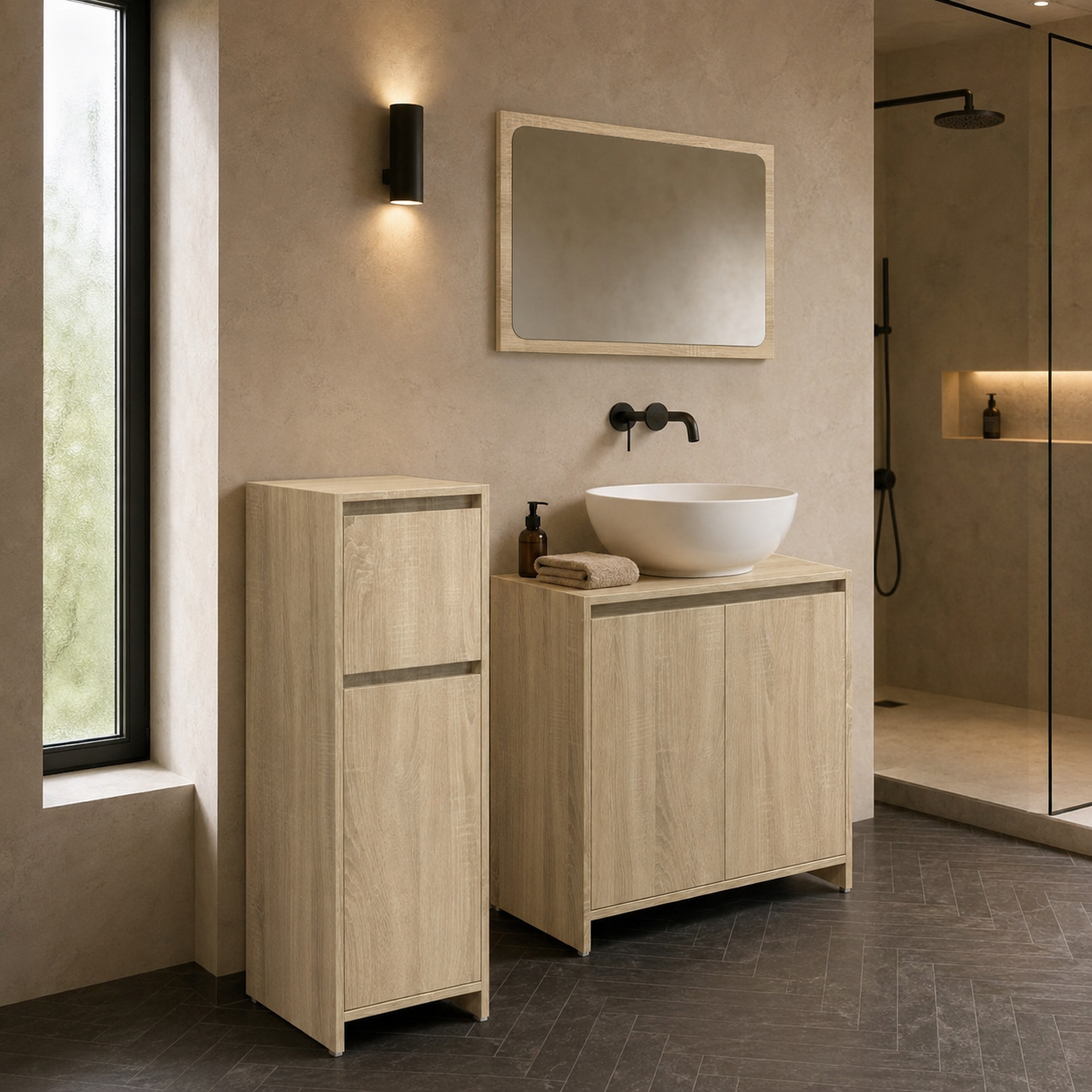 Meuble Salle de Bain 3 Pièces Chêne Sonoma - Armoire 95cm et Vasque