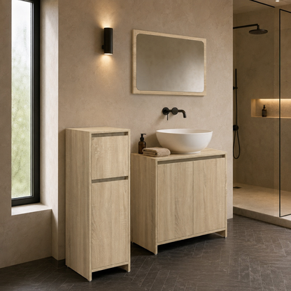 Meuble Salle de Bain 3 Pièces Chêne Sonoma - Armoire 95cm et Vasque
