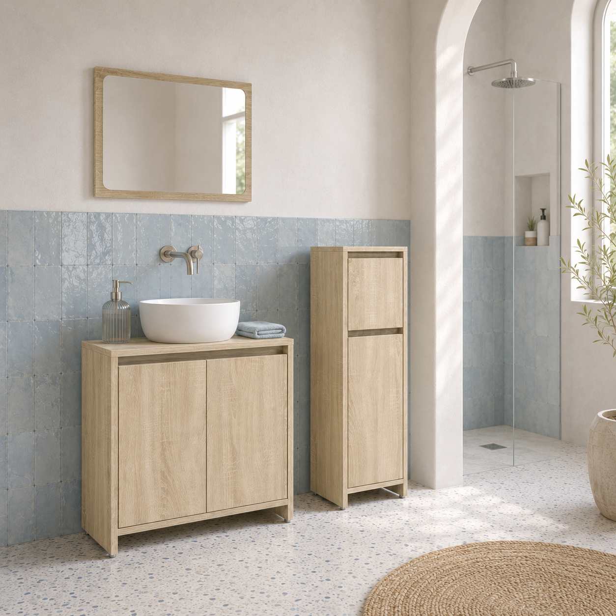 Meuble Salle de Bain 3 Pièces Chêne Sonoma - Armoire 95cm et Vasque