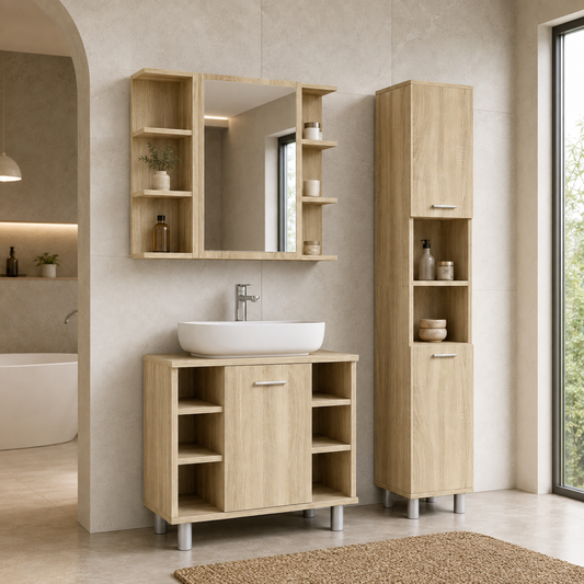 Meuble Salle de Bain 3 Pièces Chêne Sonoma - Armoires Haute et Basse