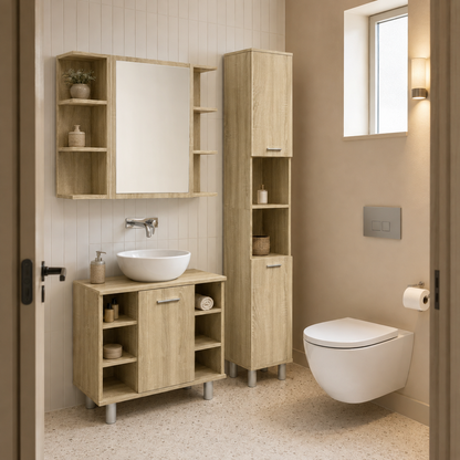 Meuble Salle de Bain 3 Pièces Chêne Sonoma - Armoires Haute et Basse