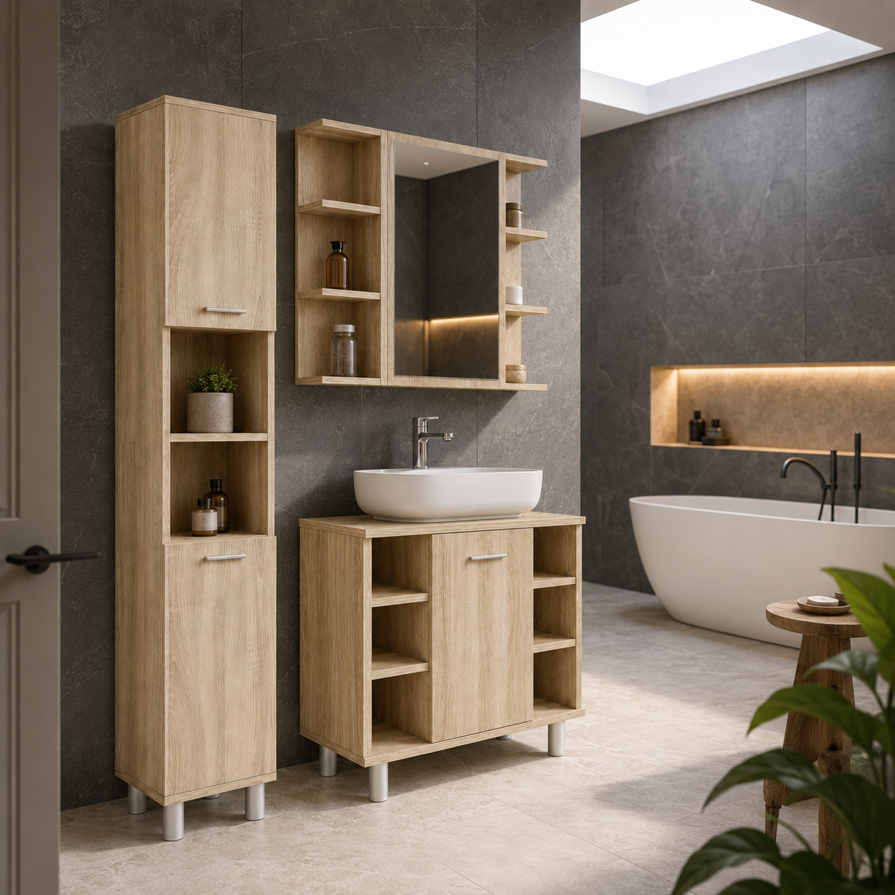 Meuble Salle de Bain 3 Pièces Chêne Sonoma - Armoires Haute et Basse