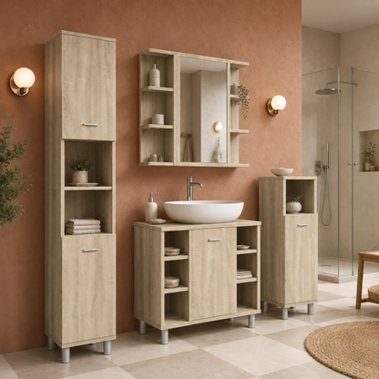 Meuble Salle de Bain 3 Pièces Chêne Sonoma - Armoire à Miroir