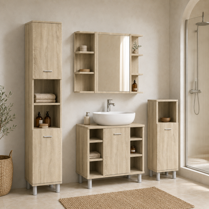 Meuble Salle de Bain 3 Pièces Chêne Sonoma - Armoire à Miroir