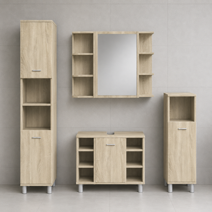 Meuble Salle de Bain 3 Pièces Chêne Sonoma - Armoire à Miroir