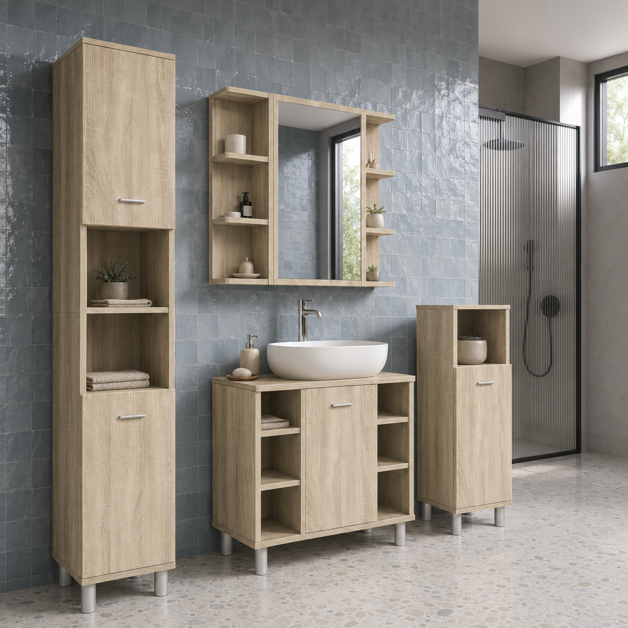 Meuble Salle de Bain 3 Pièces Chêne Sonoma - Armoire à Miroir