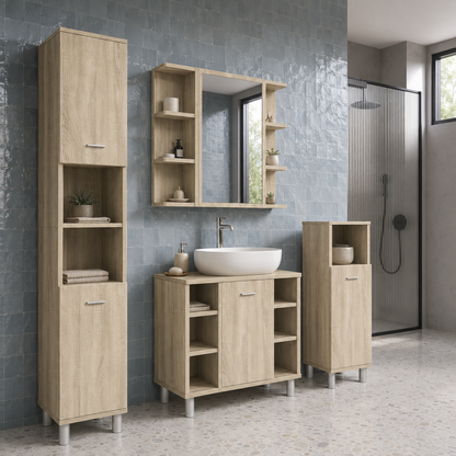Meuble Salle de Bain 3 Pièces Chêne Sonoma - Armoire à Miroir
