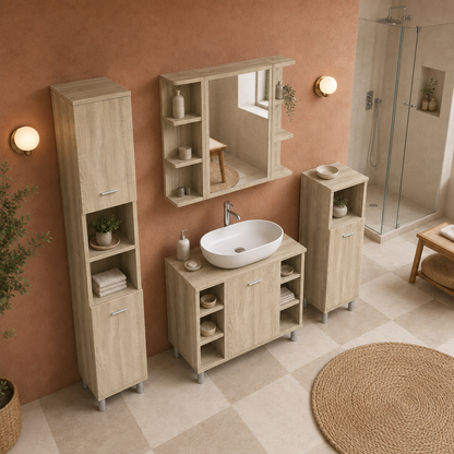 Meuble Salle de Bain 3 Pièces Chêne Sonoma - Armoire à Miroir