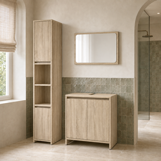 Meuble Salle de Bain 3 Pièces Chêne Sonoma - Armoire Colonne et Vasque