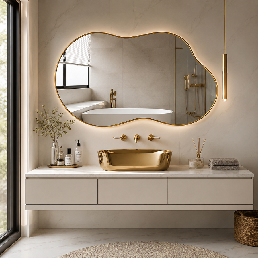 Miroir mural décoratif forme irrégulière cadre métal - vue de face