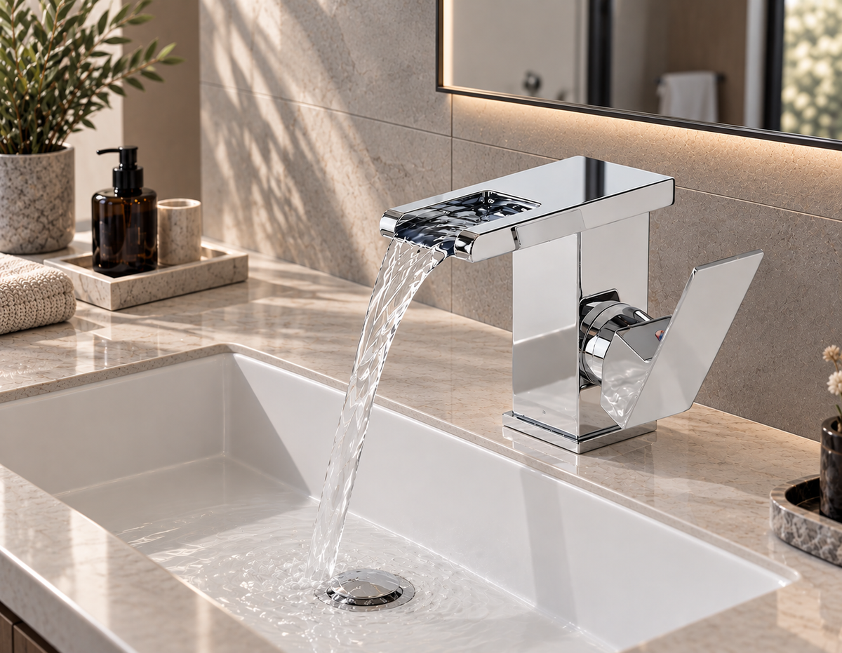Mitigeur cascade LED thermochrome chromé sur vasque