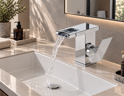 Mitigeur cascade LED thermochrome chromé sur vasque
