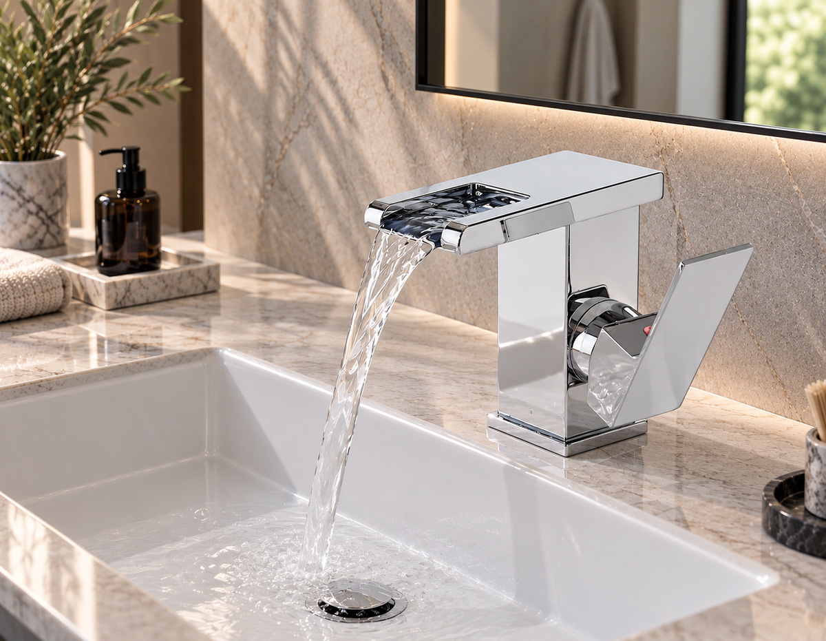 Mitigeur cascade LED thermochrome chromé, vue de côté