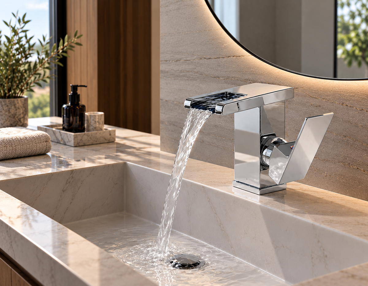 Mitigeur cascade LED thermochrome chromé en situation