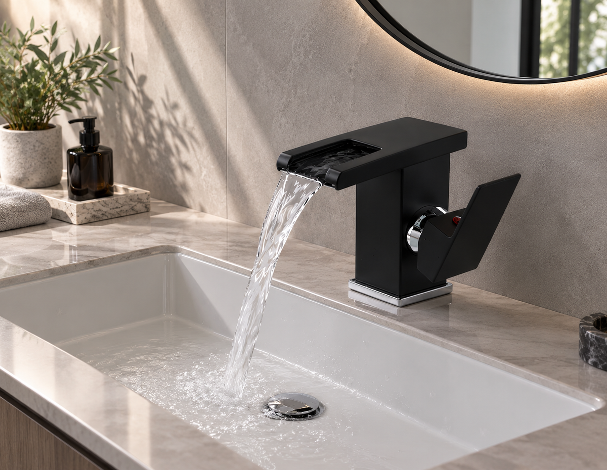 Mitigeur cascade LED thermochrome noir mat sur vasque