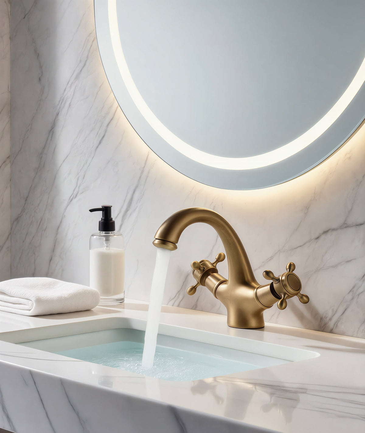Mitigeur Laiton Bec Col de Cygne Poignées Croisillons – finition laiton antique – vue 2