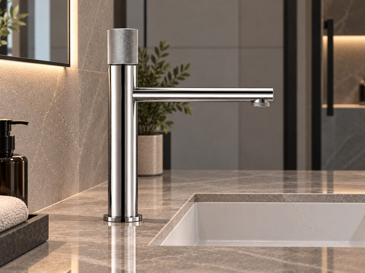 Mitigeur lavabo laiton poignée moletée chrome – sur plan vasque en marbre