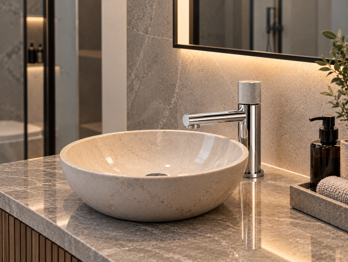 Mitigeur lavabo laiton poignée moletée chrome – avec vasque en pierre
