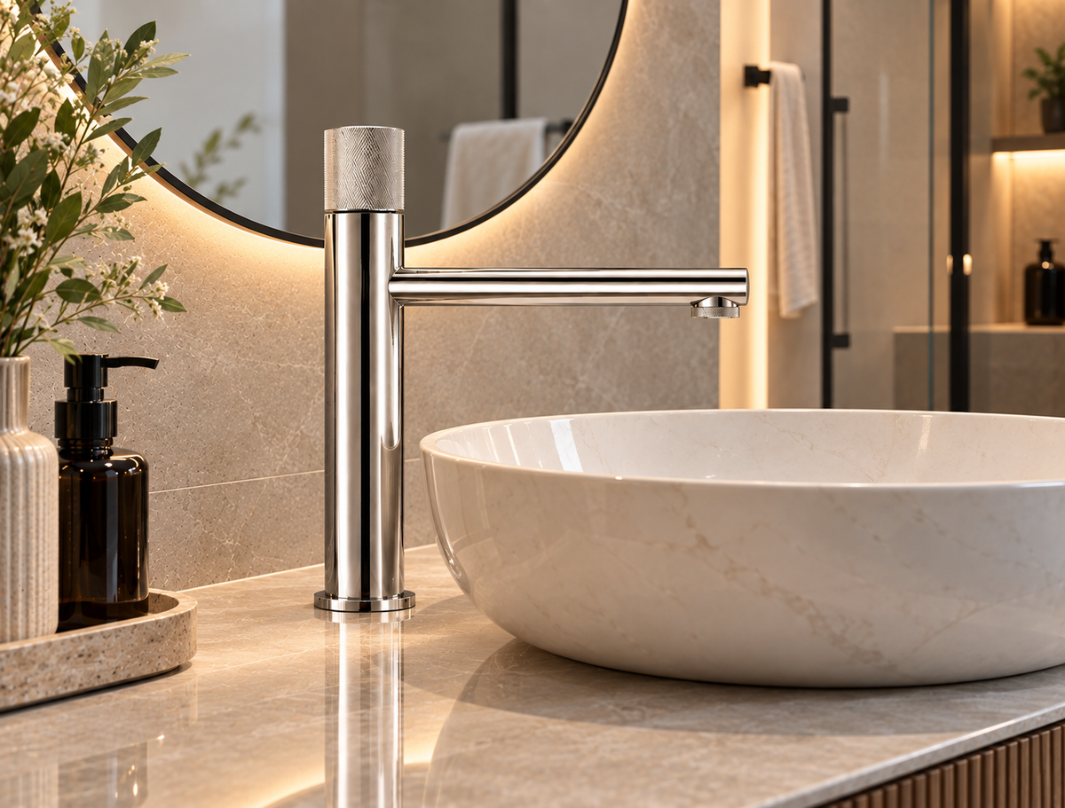 Mitigeur lavabo laiton poignée moletée chrome – avec vasque ronde