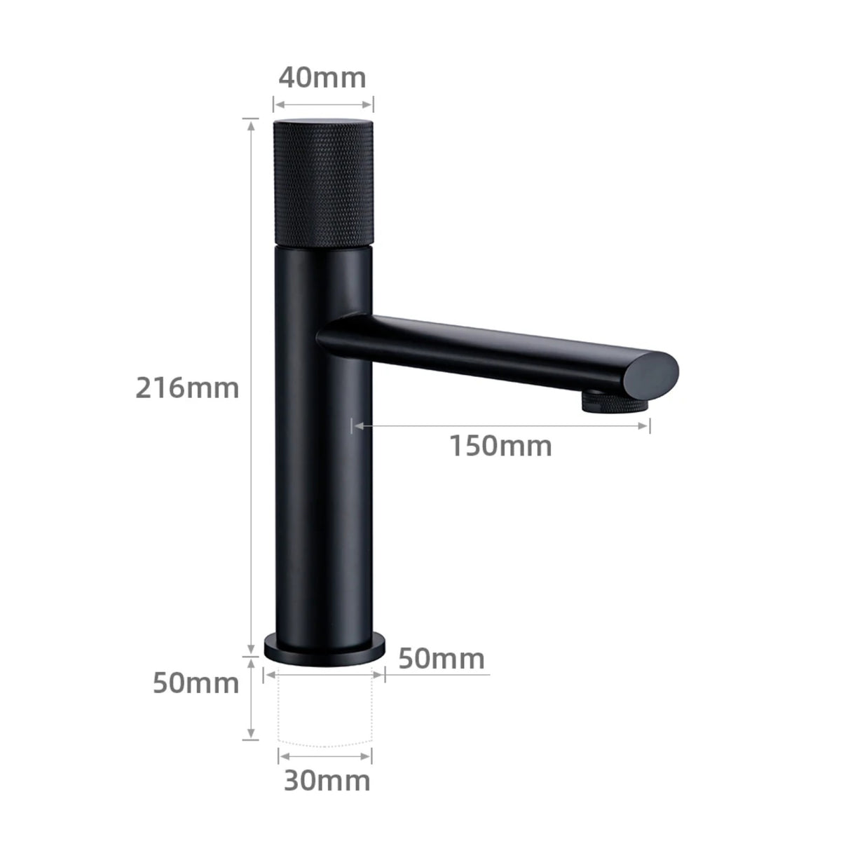 Mitigeur lavabo laiton poignée moletée noir mat – hauteur 21,6 cm