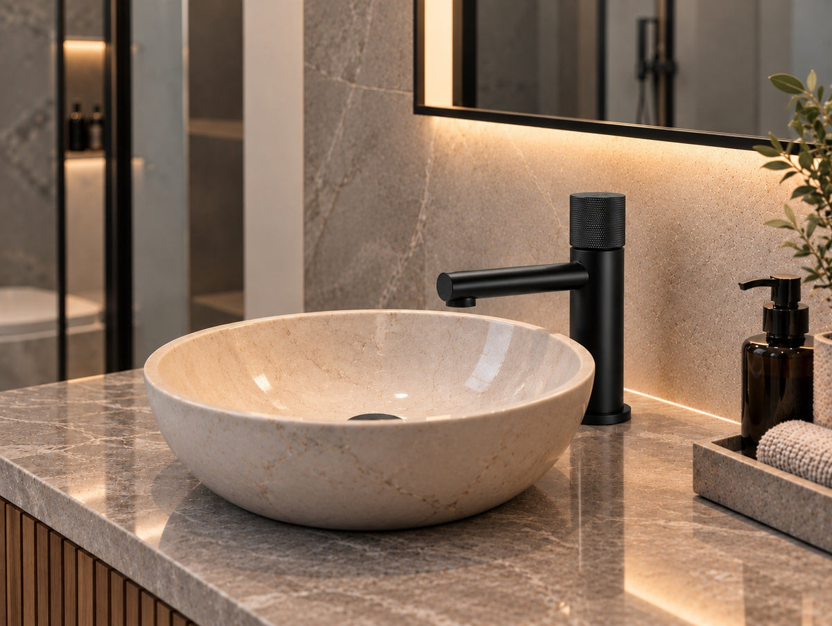 Mitigeur lavabo laiton poignée moletée noir mat – avec vasque en pierre