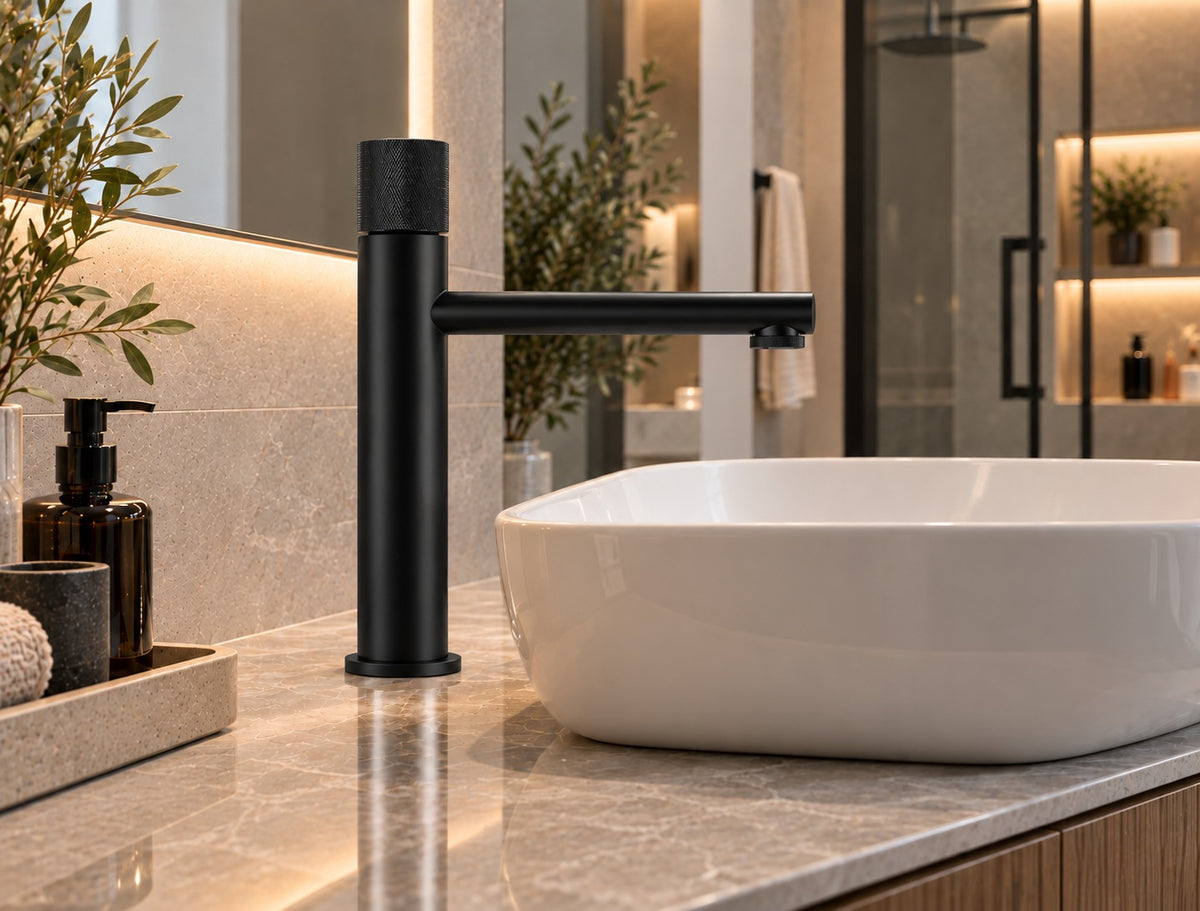 Mitigeur lavabo laiton poignée moletée noir mat – avec vasque rectangulaire