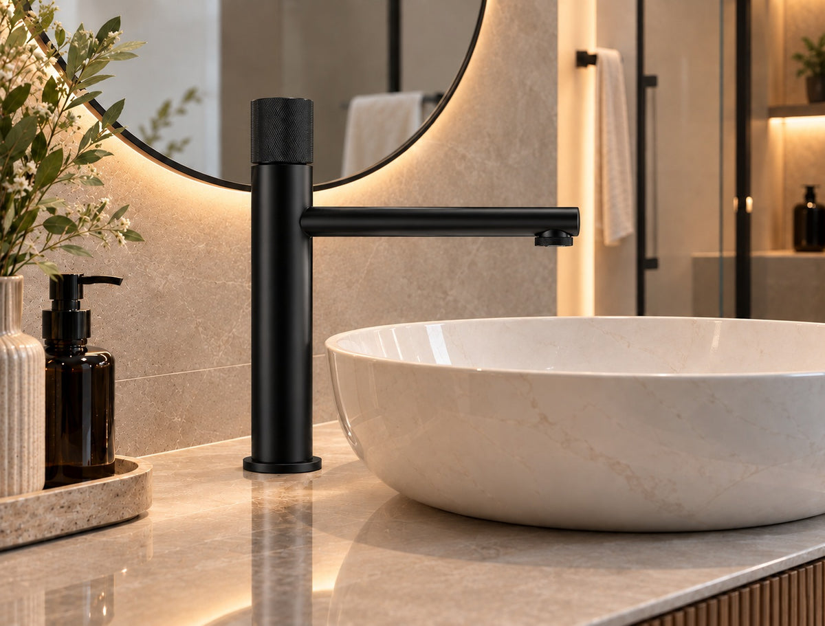 Mitigeur lavabo laiton poignée moletée noir mat – avec vasque ronde