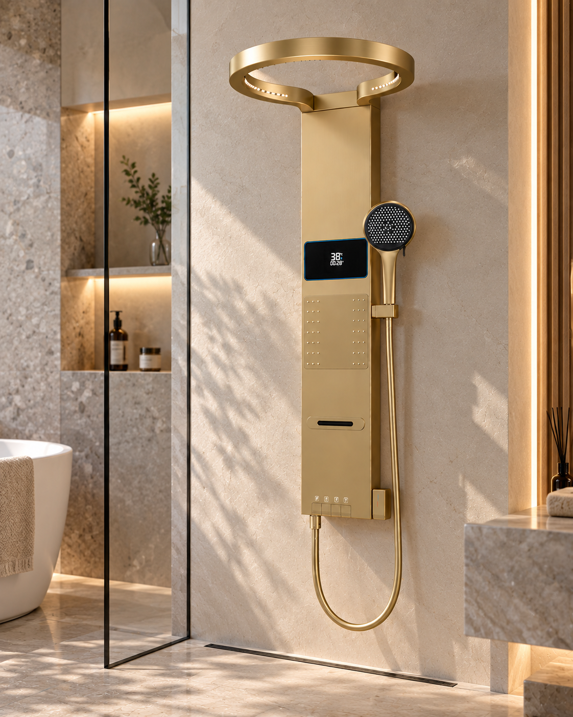 Panneau de douche anneau pluie LED affichage digital – finition or – vue 1
