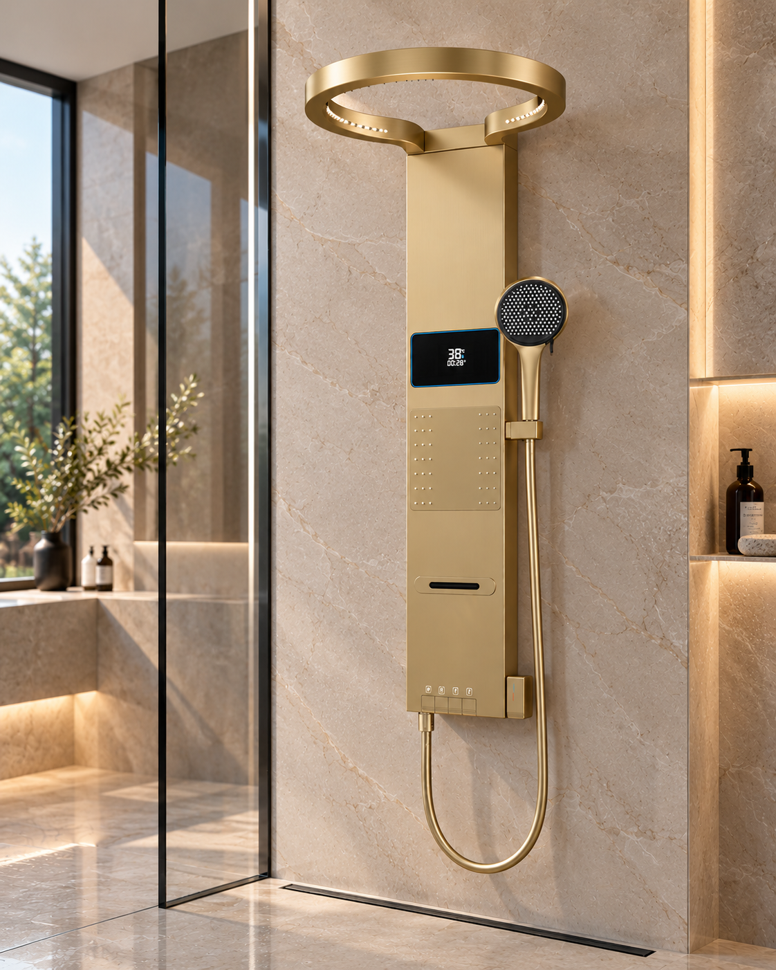 Panneau de douche anneau pluie LED affichage digital – finition or – vue 2