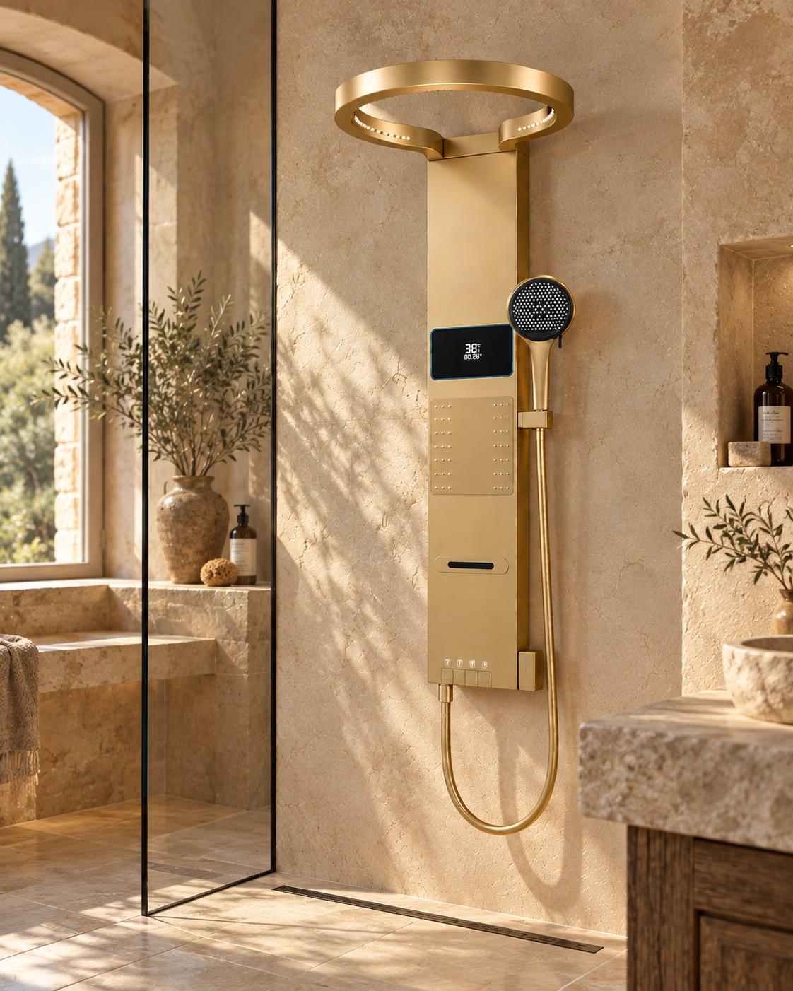 Panneau de douche anneau pluie LED affichage digital – finition or – vue 3