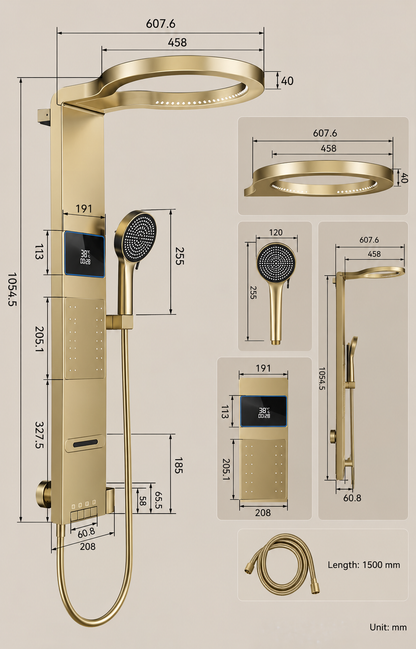 Panneau de douche anneau pluie LED affichage digital – finition or – dimensions