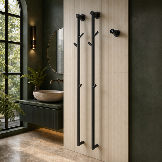 Porte-serviettes chauffant design arbre finition Noir - salle de bain bois et vert