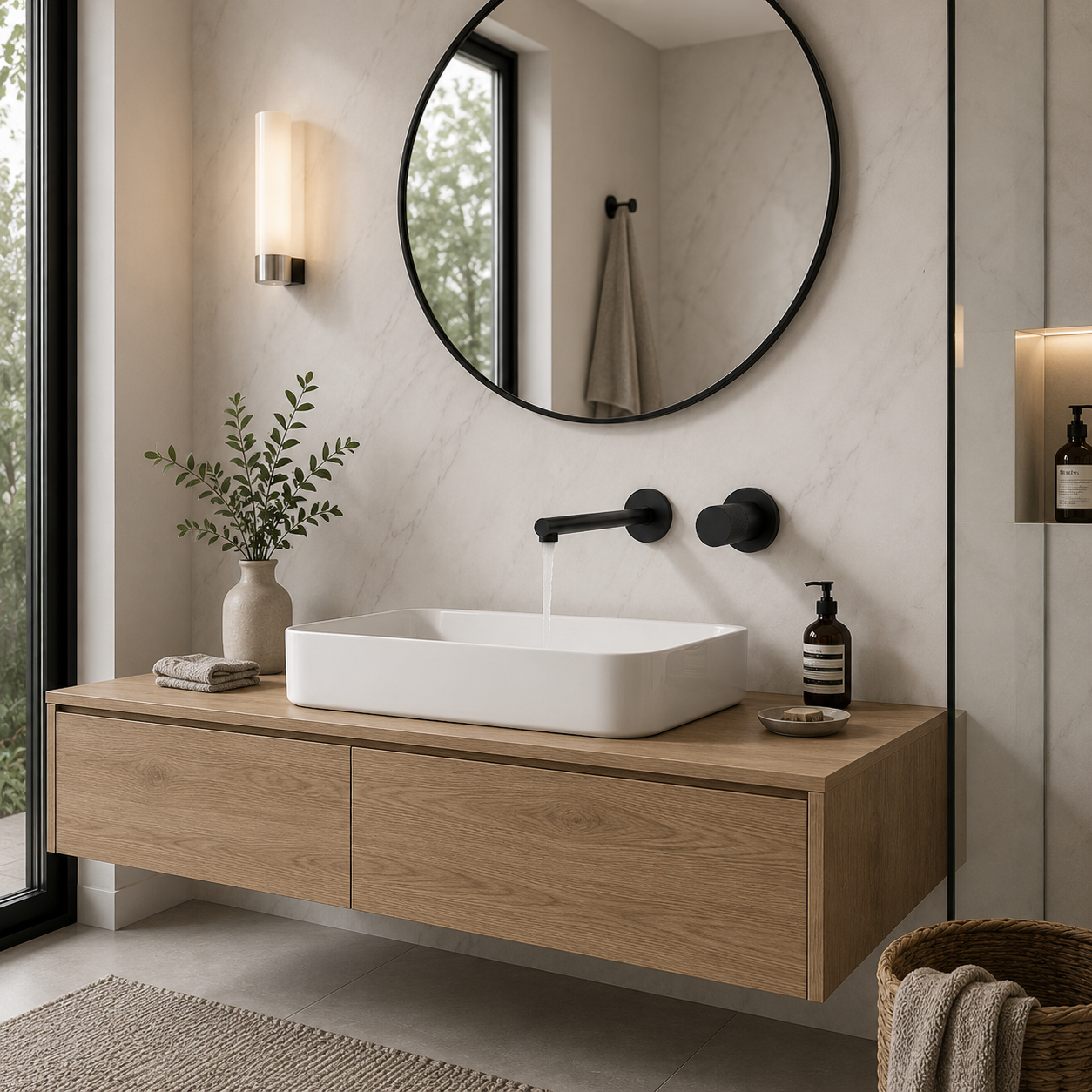 Robinet mural encastré laiton design contemporain - vue installée