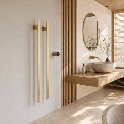 Sèche-serviettes électrique 2 barres finition Or - salle de bain beige et bois